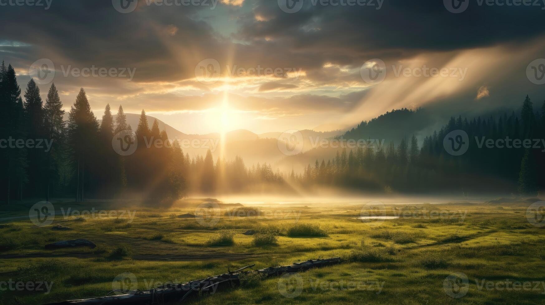 AI generated Rays of sunlight piercing through dense clouds, casting an ethereal glow on a serene meadow. photo