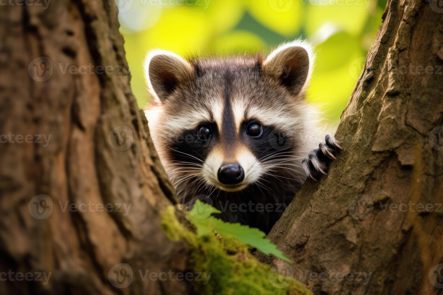 AI generated Showcase a close-up of a curious raccoon peering out from behind a tree photo