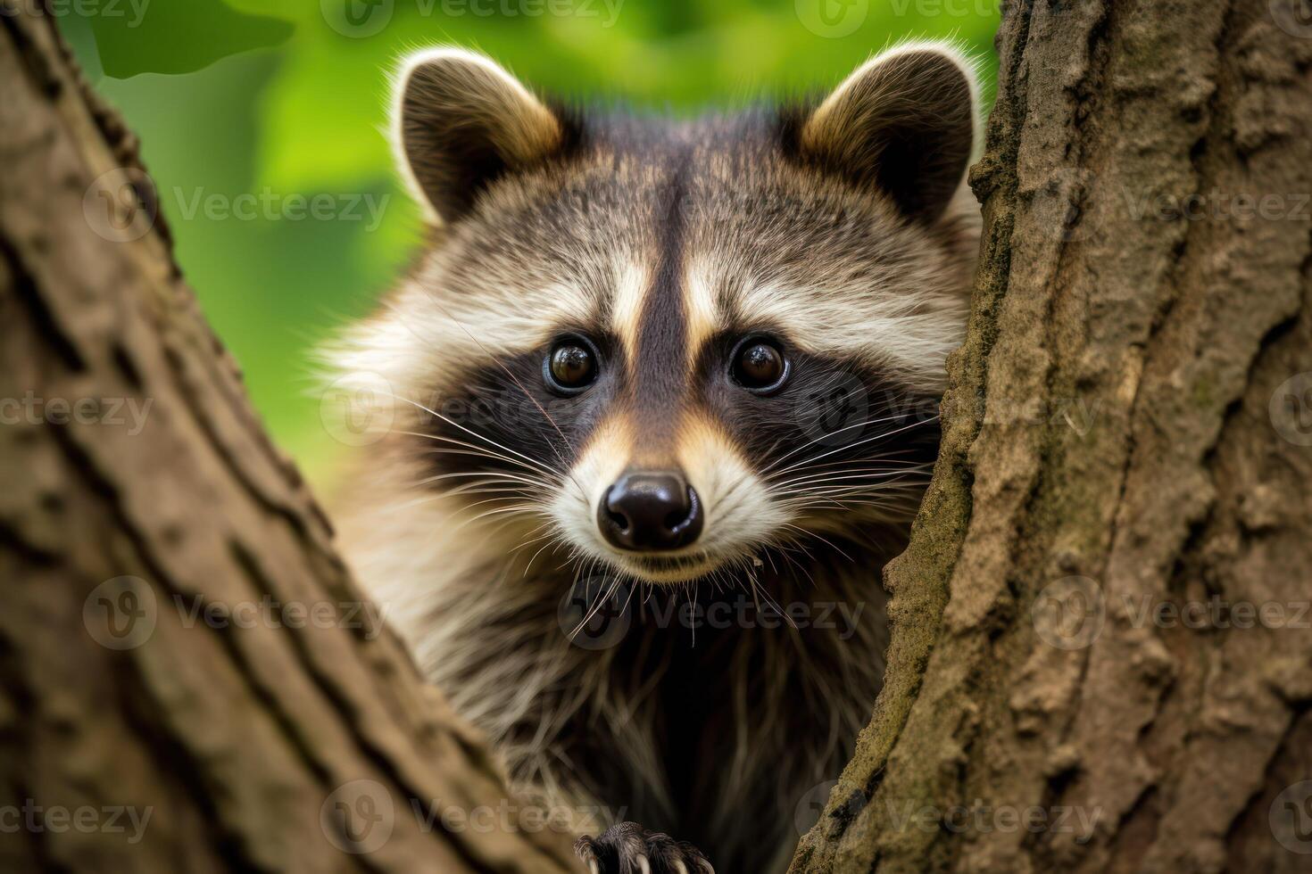 ai generado escaparate un de cerca de un curioso mapache mirando fuera desde detrás un árbol foto