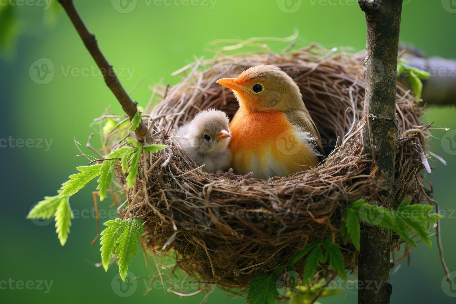 AI generated Highlight the tender moment a mother bird watches over her chicks photo