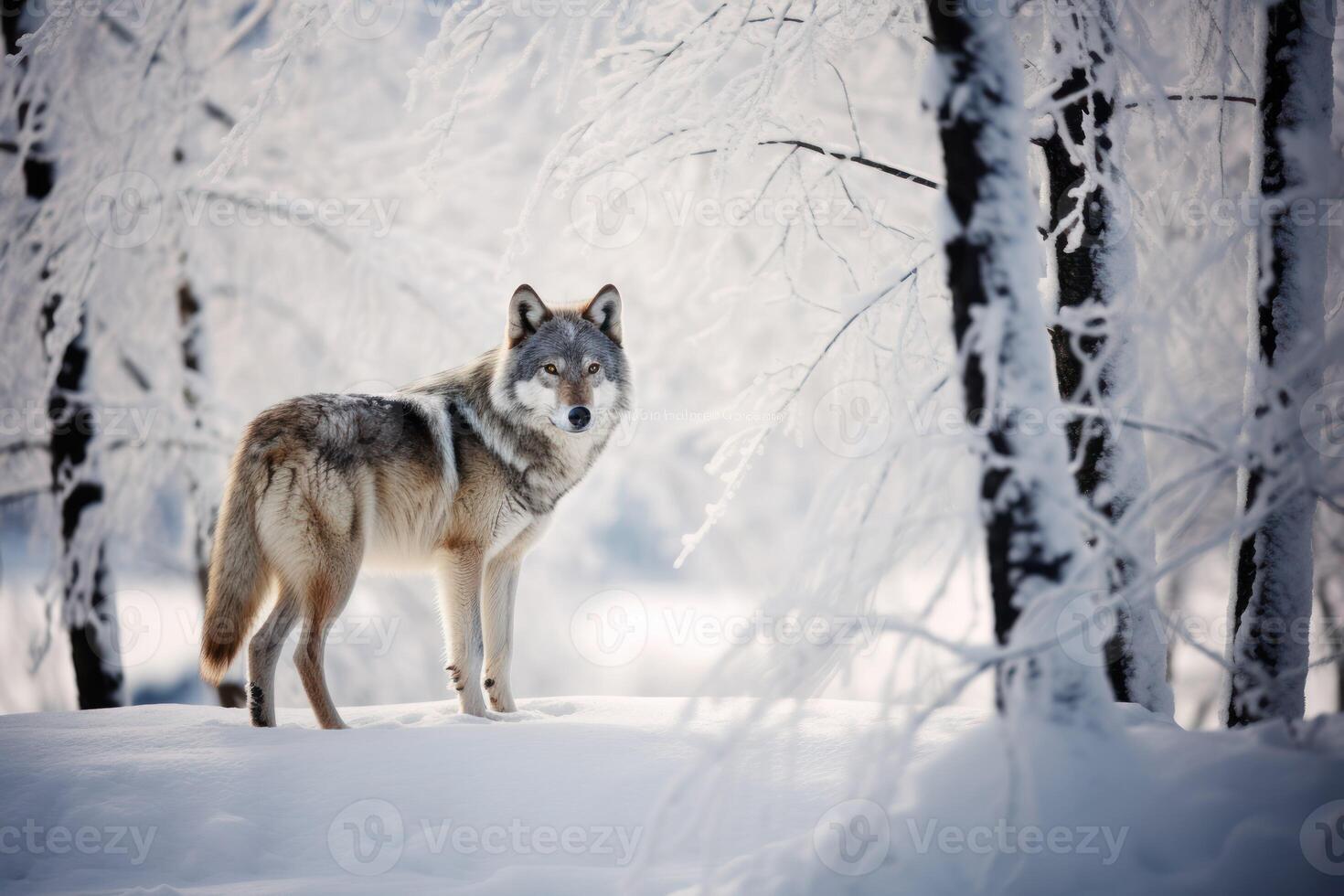 ai generado marco un maravilloso imagen de un solitario lobo atravesando un cubierto de nieve paisaje foto