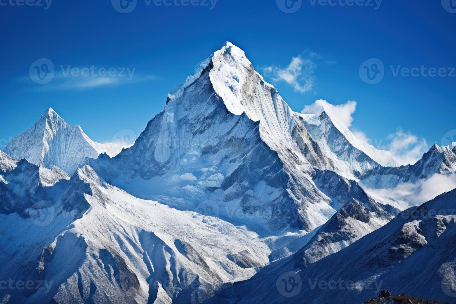 ai generado capturar el grandeza de nevadas picos en contra un claro azul cielo foto