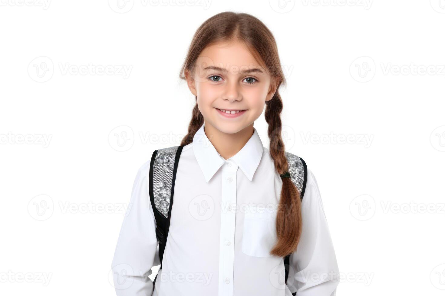 ai generado Chica de escuela con mochila aislado en blanco foto