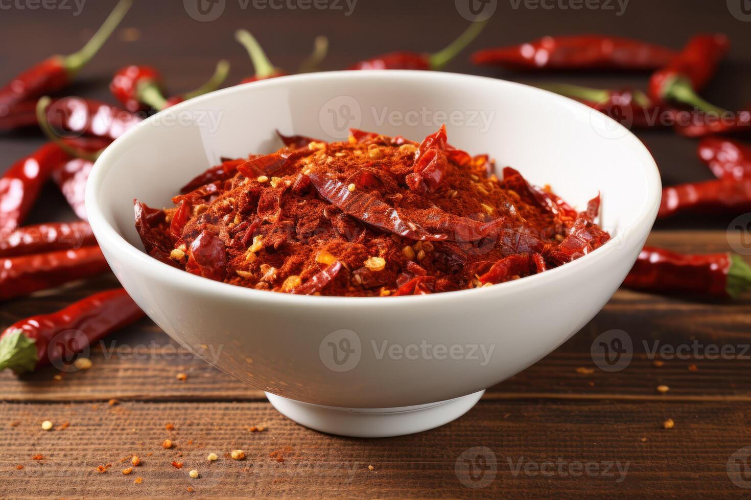 AI generated Photo crushed dried chili peppers in white bowl hot and spicy