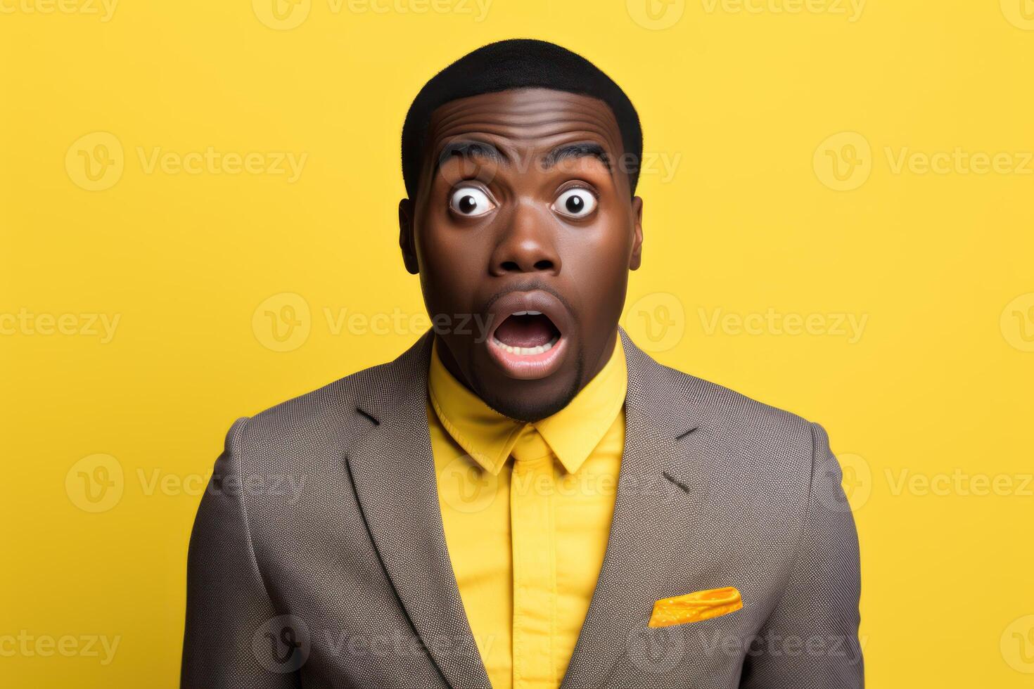 AI generated Young man Africa dressed in suit is shocked, solid background photo