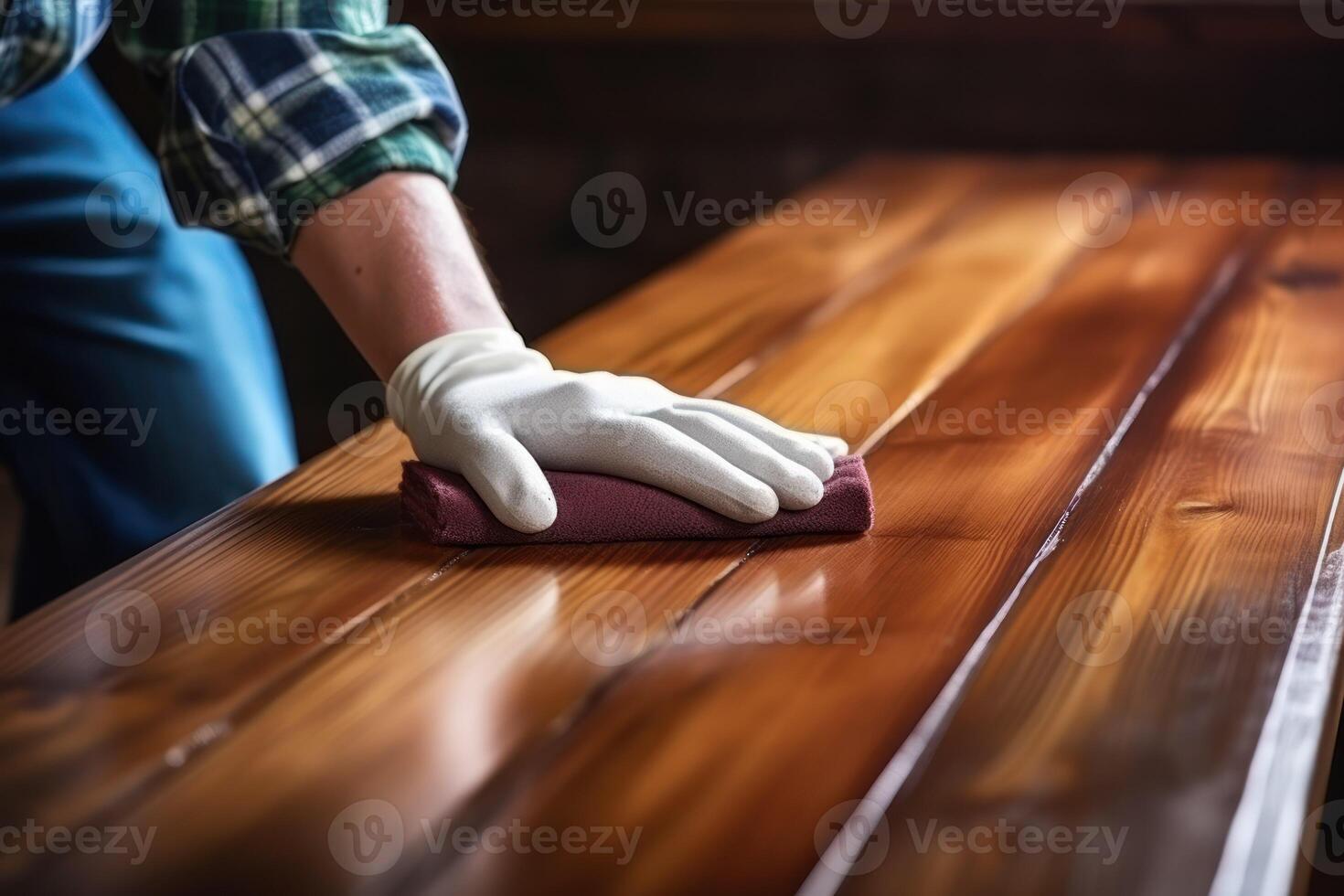 AI generated Man with brush applying wood stain onto wooden surface indoors, closeup photo