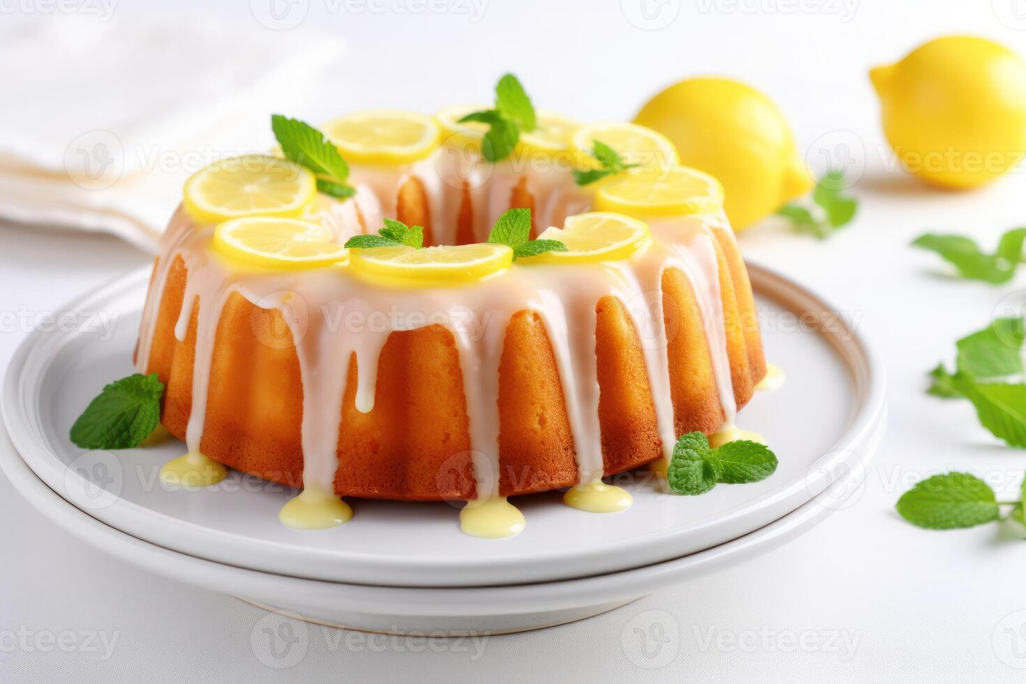 AI generated Tasty lemon cake with glaze on white table, closeup photo