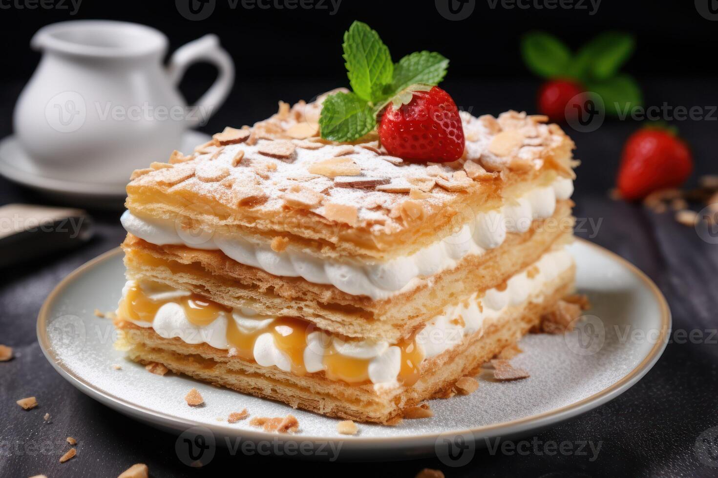 AI generated Piece of delicious Napoleon cake served on table, closeup photo