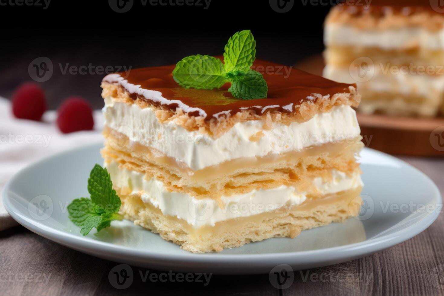 AI generated Piece of delicious Napoleon cake served on table, closeup photo