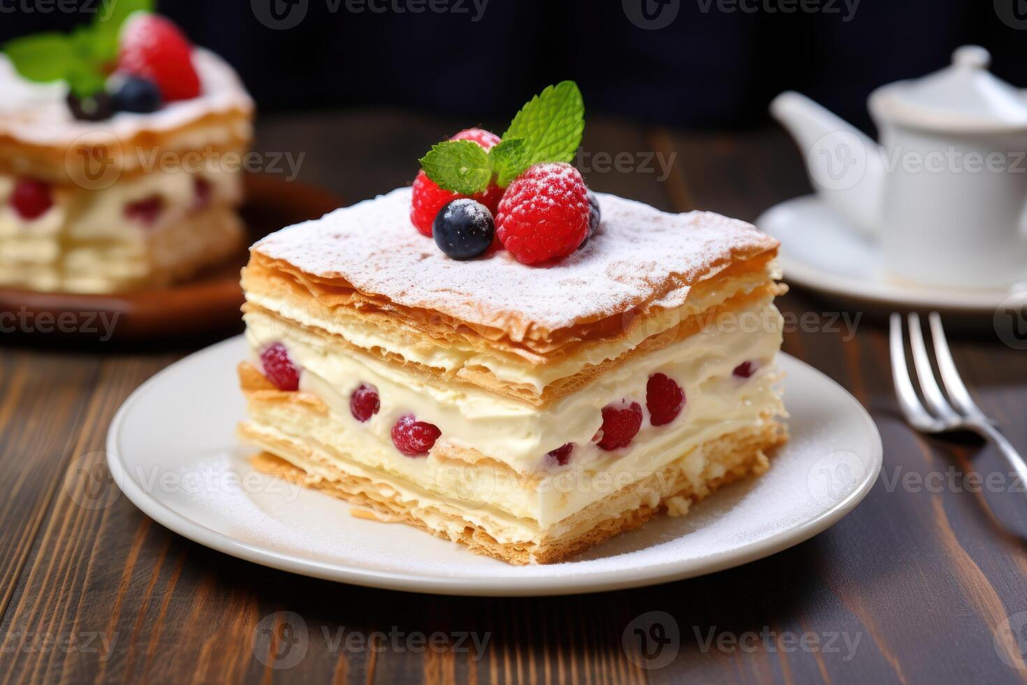 AI generated Piece of delicious Napoleon cake served on table, closeup photo