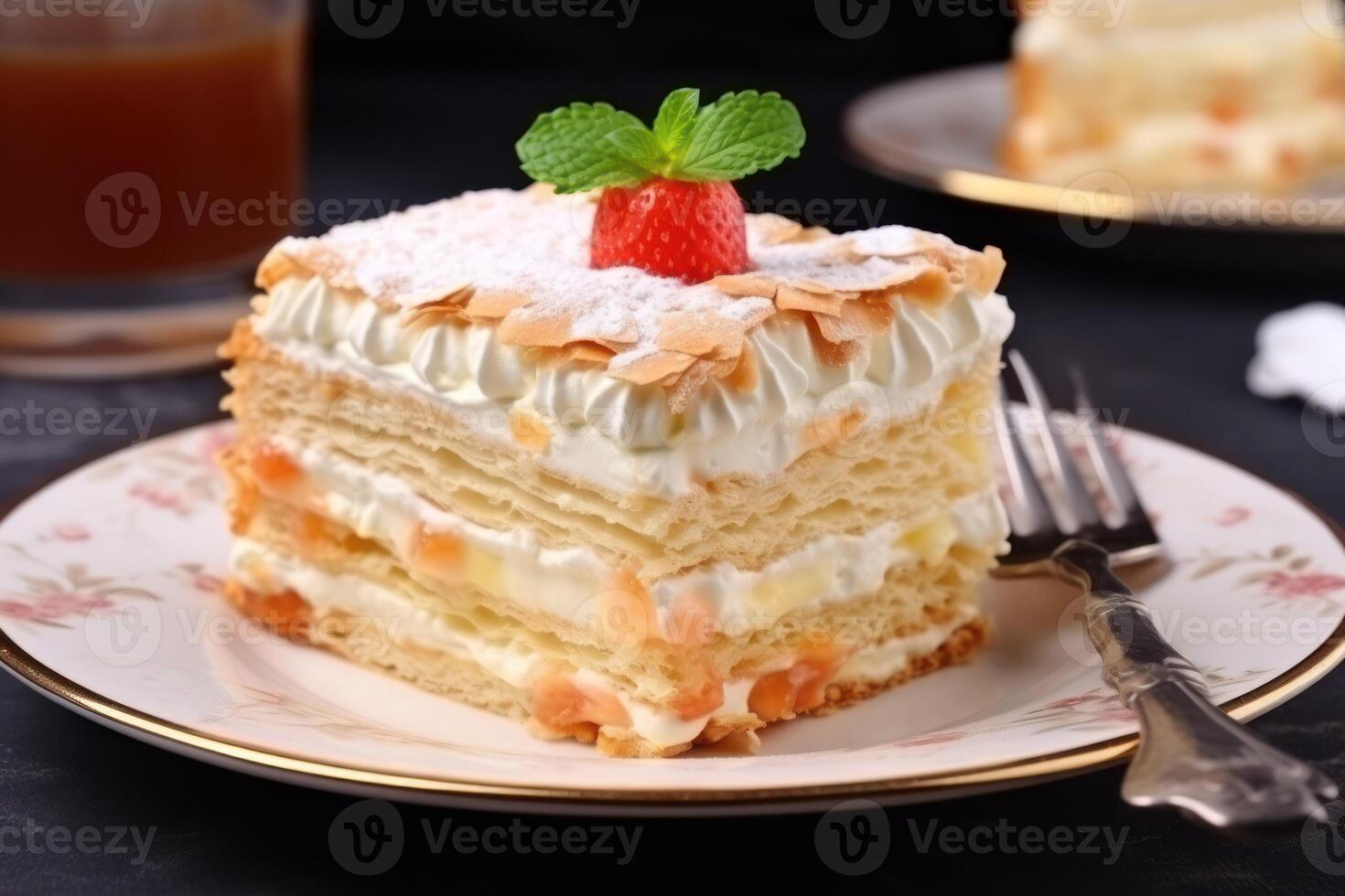 AI generated Piece of delicious Napoleon cake served on table, closeup photo