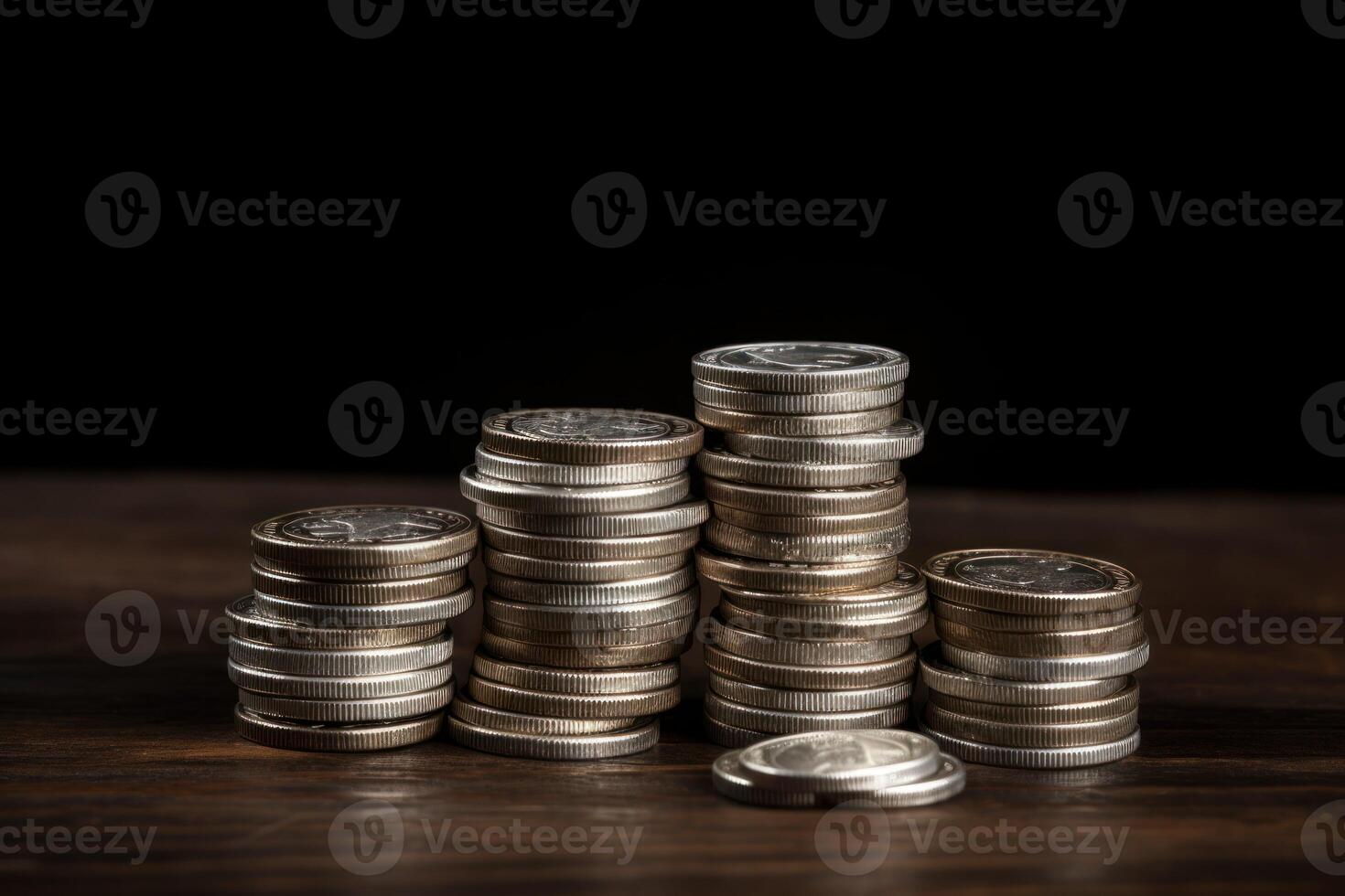 ai generado muchos plata monedas apilado en de madera mesa en contra negro antecedentes foto