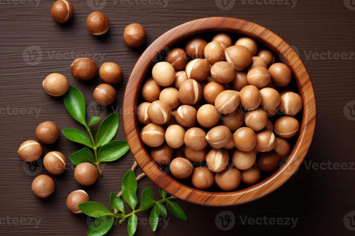 AI generated Tasty Macadamia nuts on brown table, flat lay photo