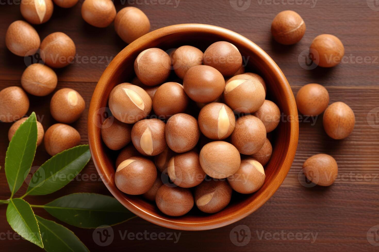 AI generated Tasty Macadamia nuts on brown table, flat lay photo