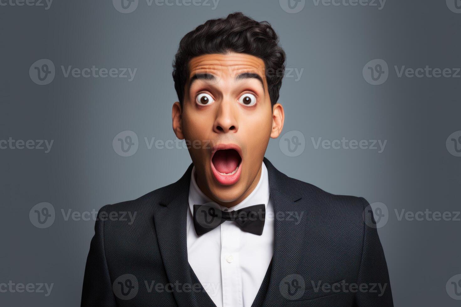 AI generated Young man with hispanic features dressed in suit is shocked, solid background photo