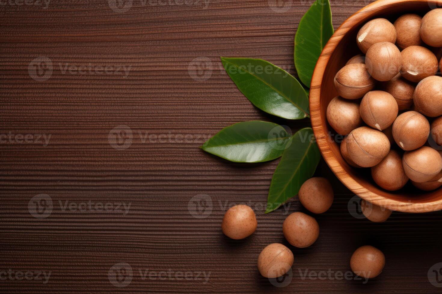 AI generated Tasty Macadamia nuts on brown table, flat lay photo