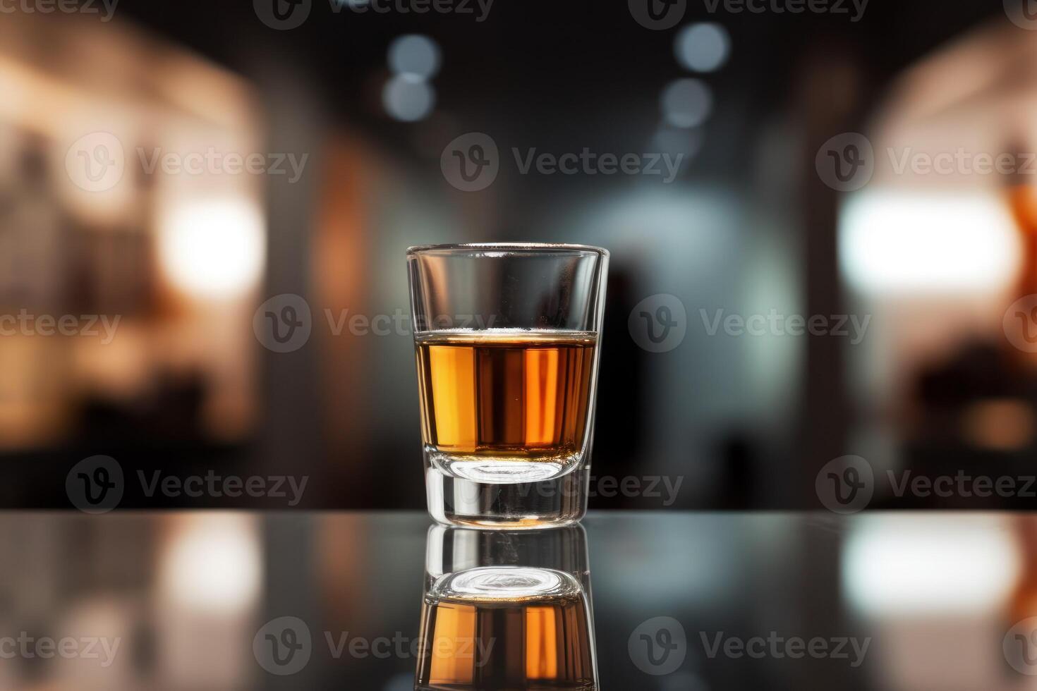 AI generated Shooter in shot glass on mirror surface against blurred background photo