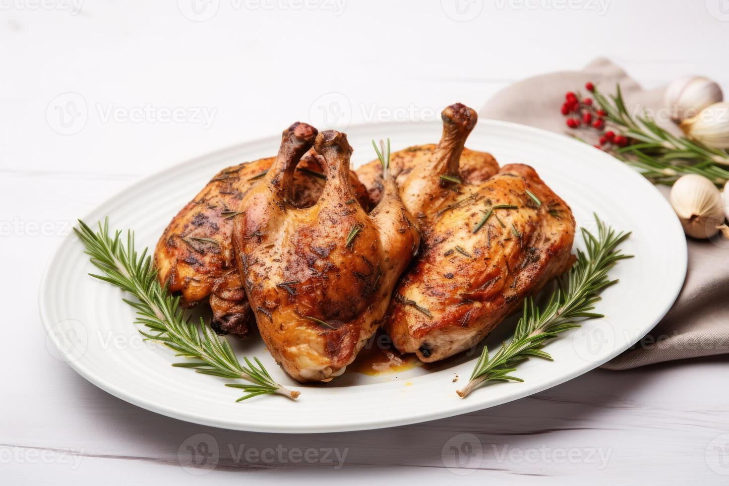 AI generated Tasty cooked rabbit meat with rosemary on white wooden table photo