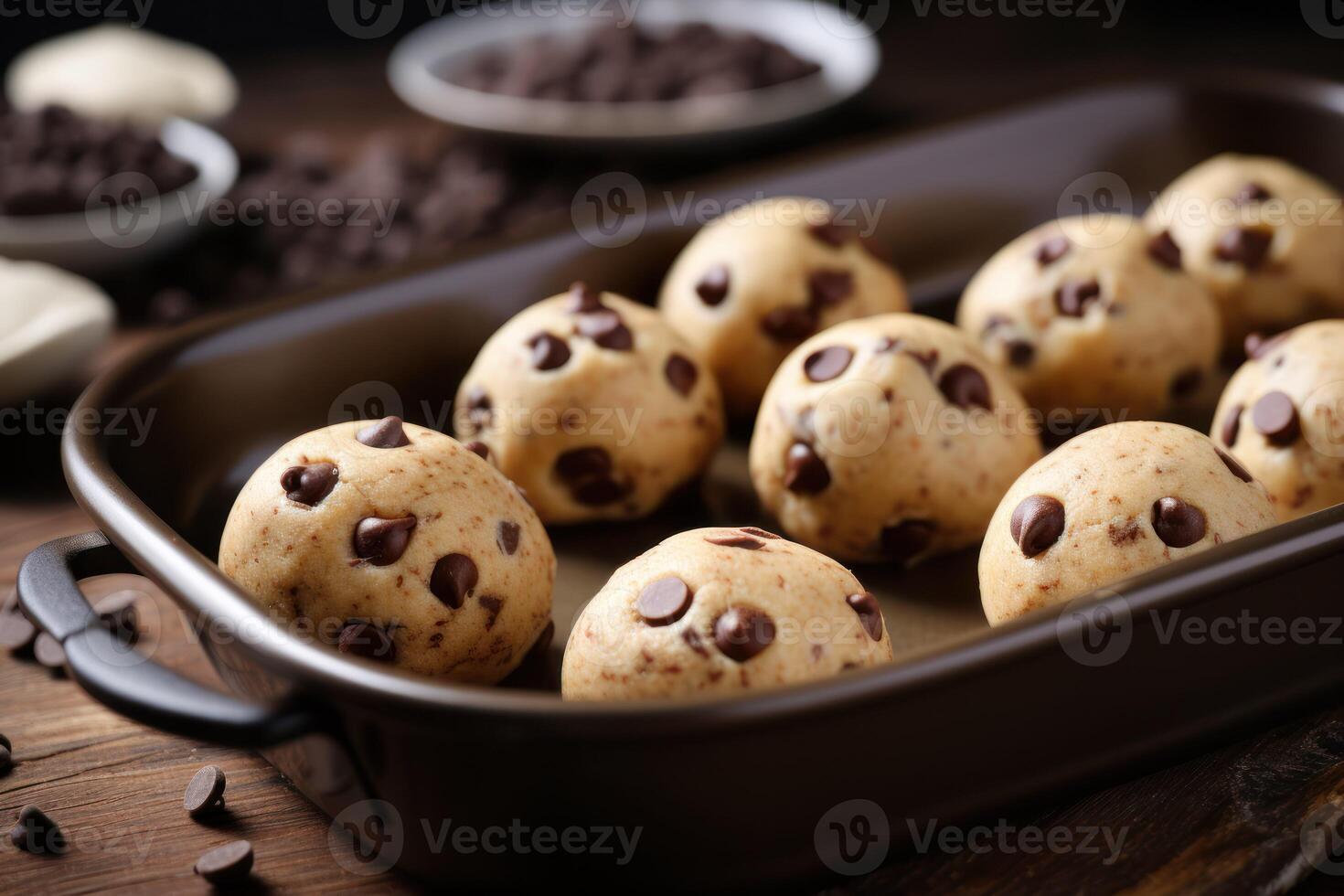 AI generated Baking pan with raw chocolate chip cookie balls on table, closeup photo