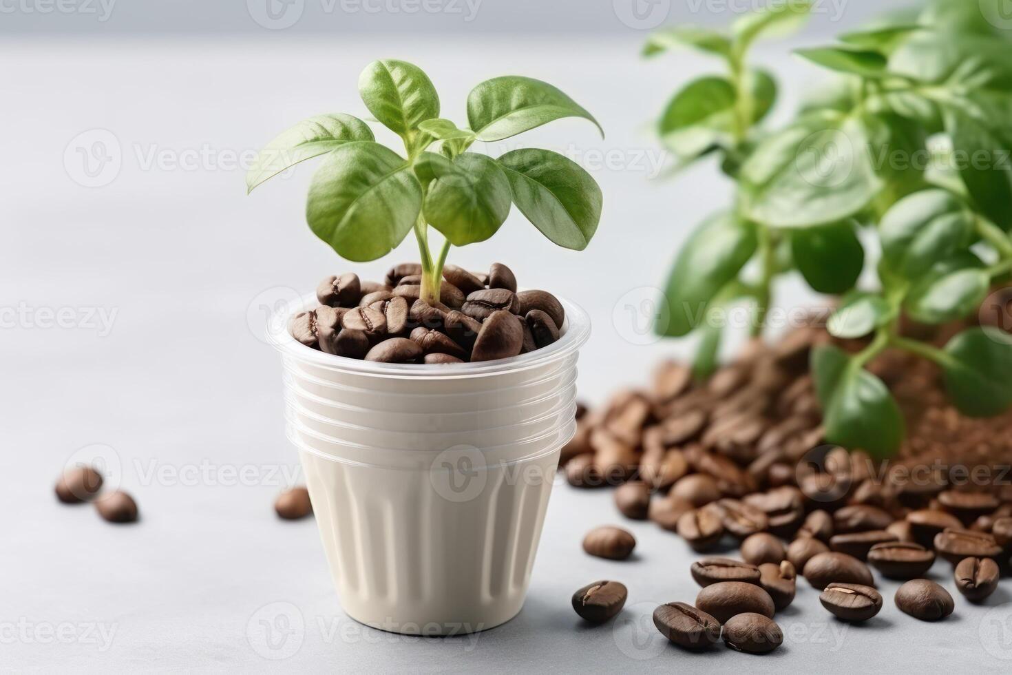 AI generated Coffee capsule with seedling and beans on light grey table, closeup photo