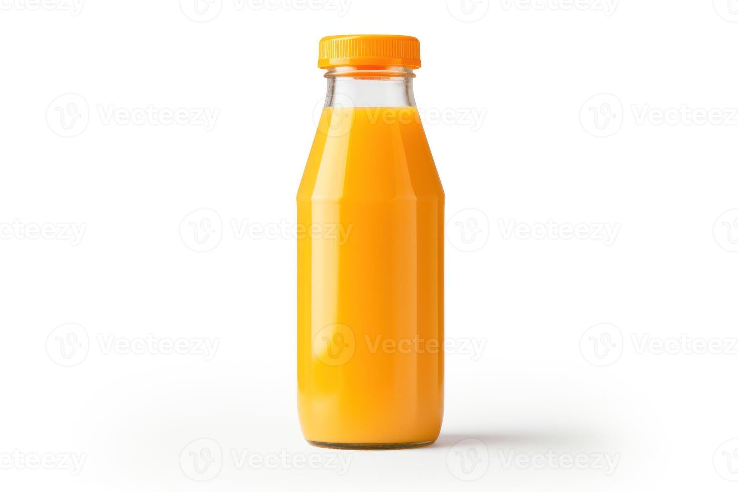 AI generated Orange juice bottle seen from the front on a white background photo