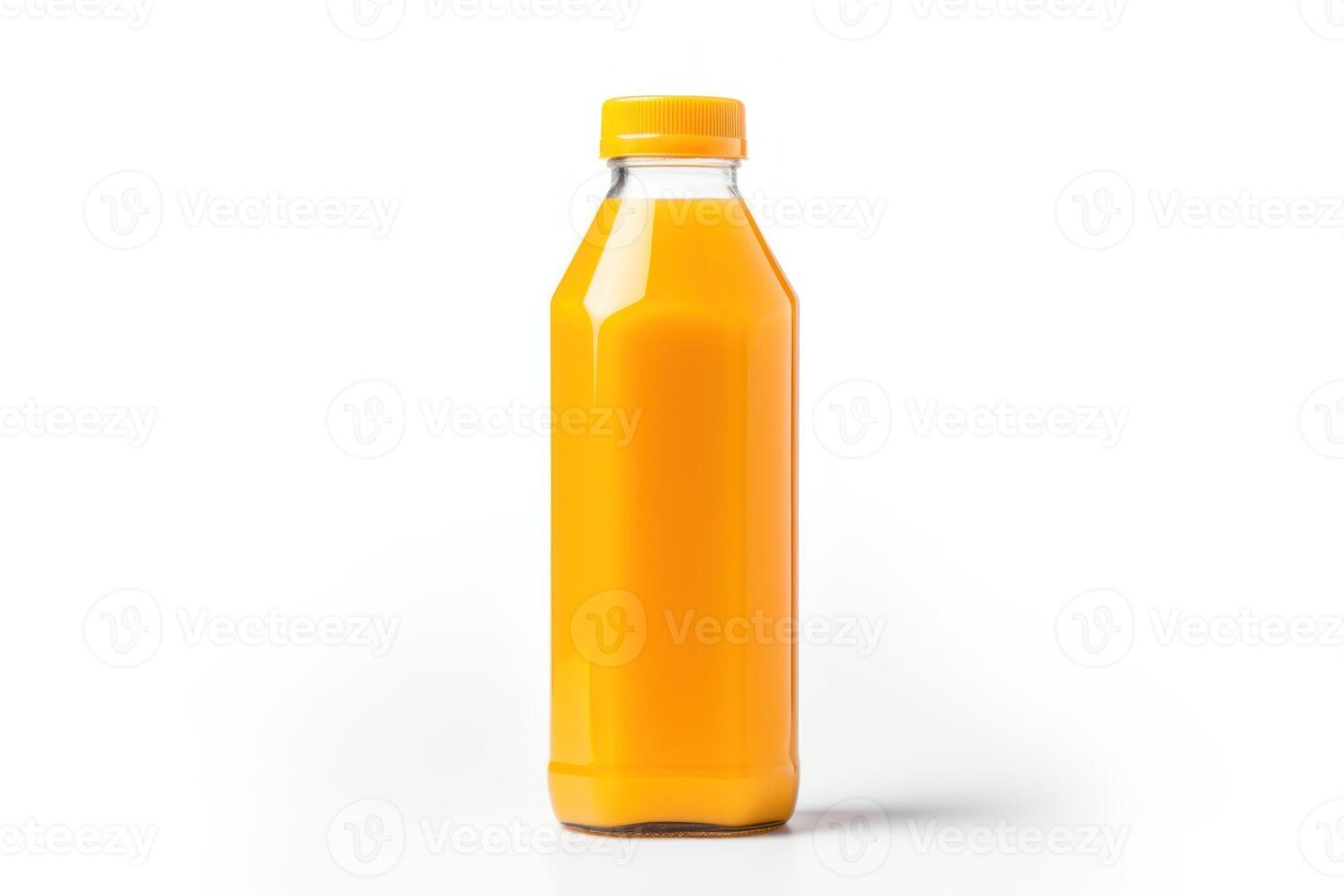 AI generated Orange juice bottle seen from the front on a white background photo