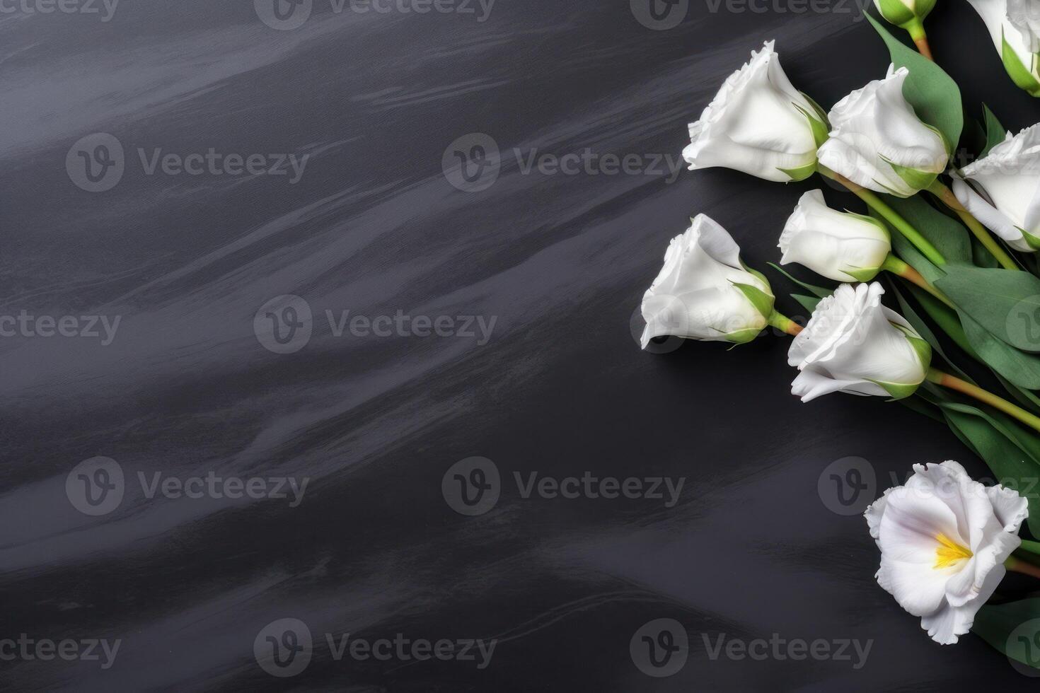 AI generated Lisianthus flowers on a dark background Funeral floral arrangements photo