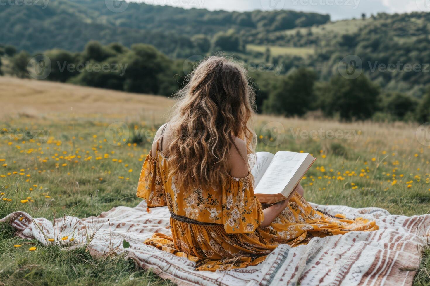 AI generated Young woman reading book on picnic blanket in field photo