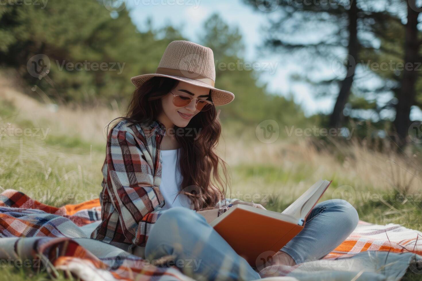 AI generated Young woman reading book on picnic blanket in field photo