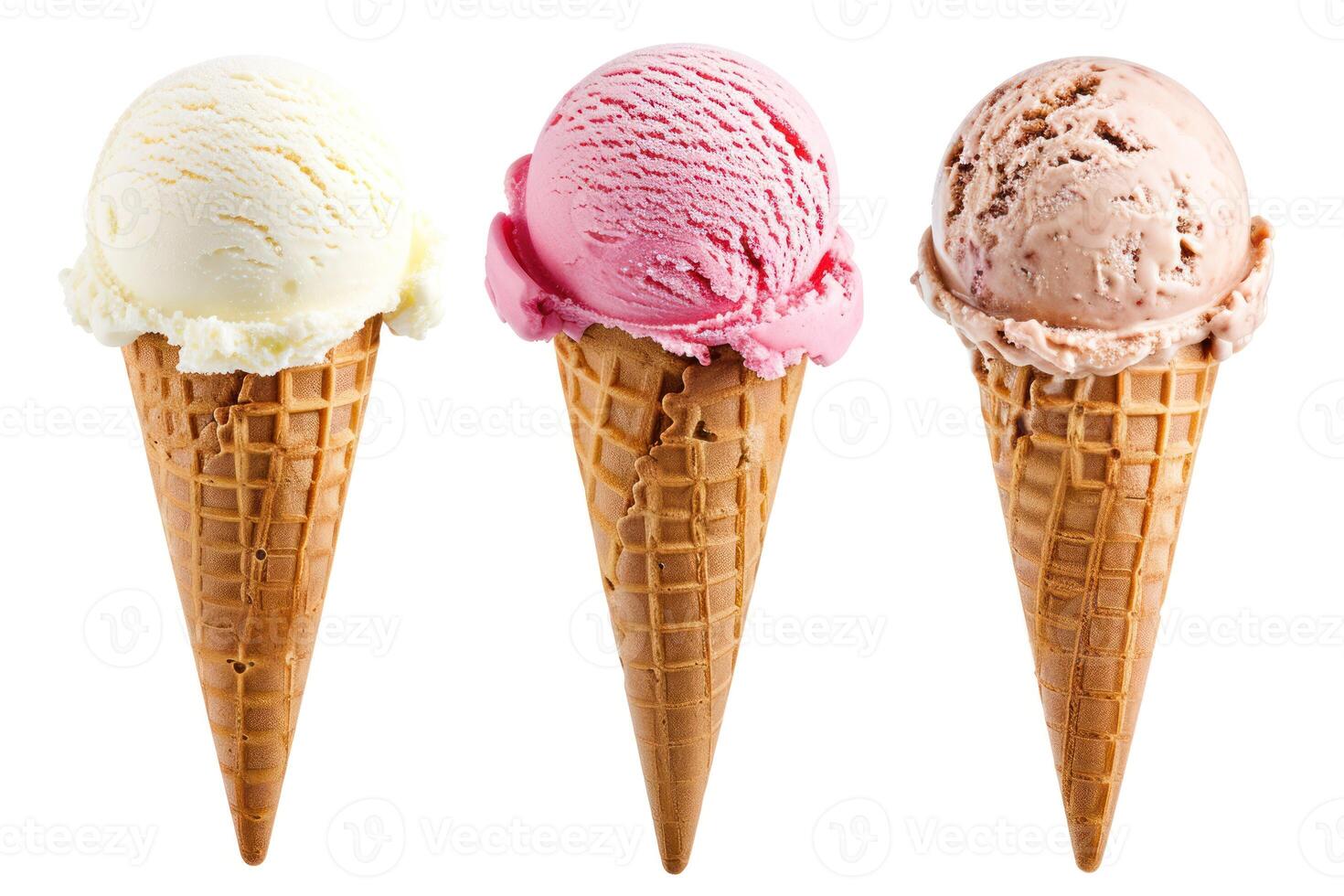 AI generated 3 Ice cream flavors with cone on white background clipped photo