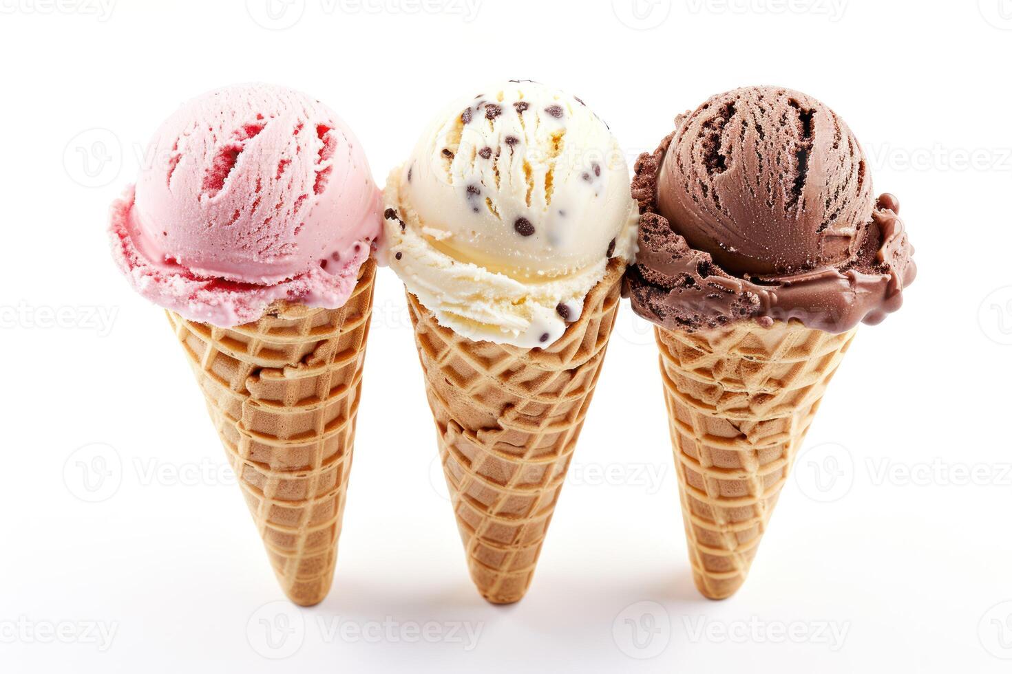 AI generated 3 Ice cream flavors with cone on white background clipped photo