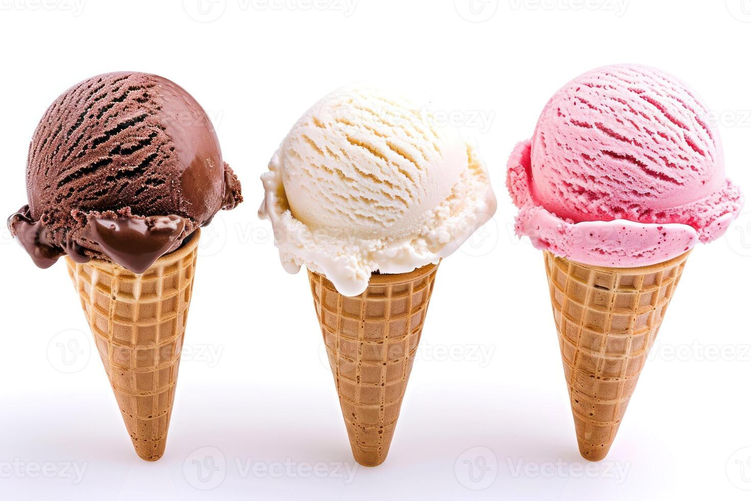 AI generated 3 Ice cream flavors with cone on white background clipped photo