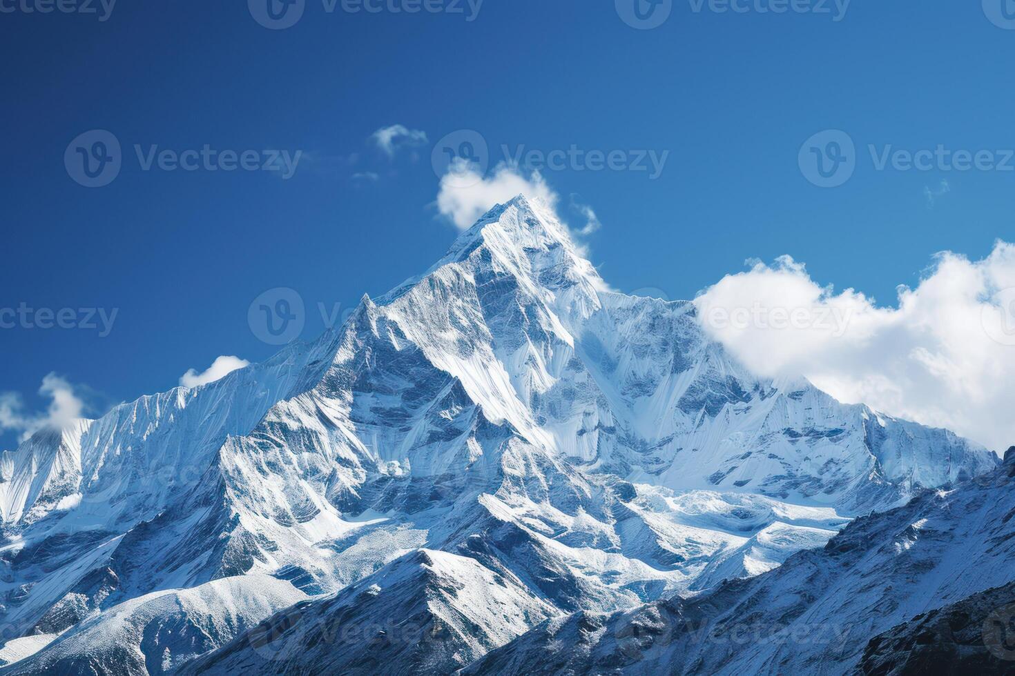 ai generado capturar el grandeza de nevadas picos en contra un claro azul cielo foto