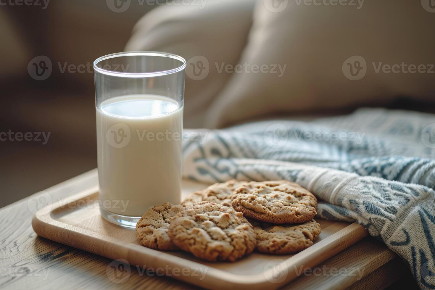 AI generated a wooden tray with cookies and a glass of milk photo