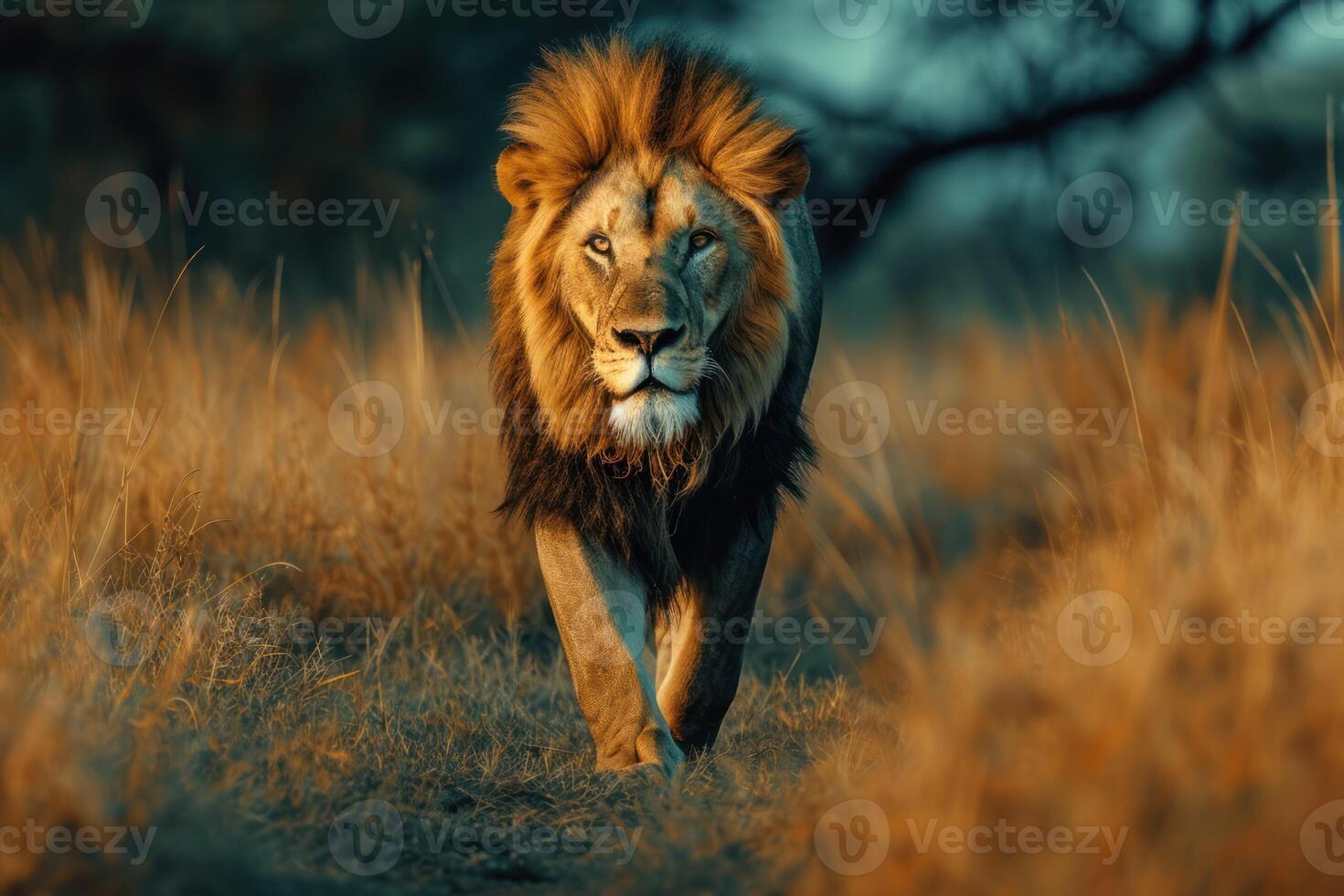 AI generated the lion is walking through the grass photo