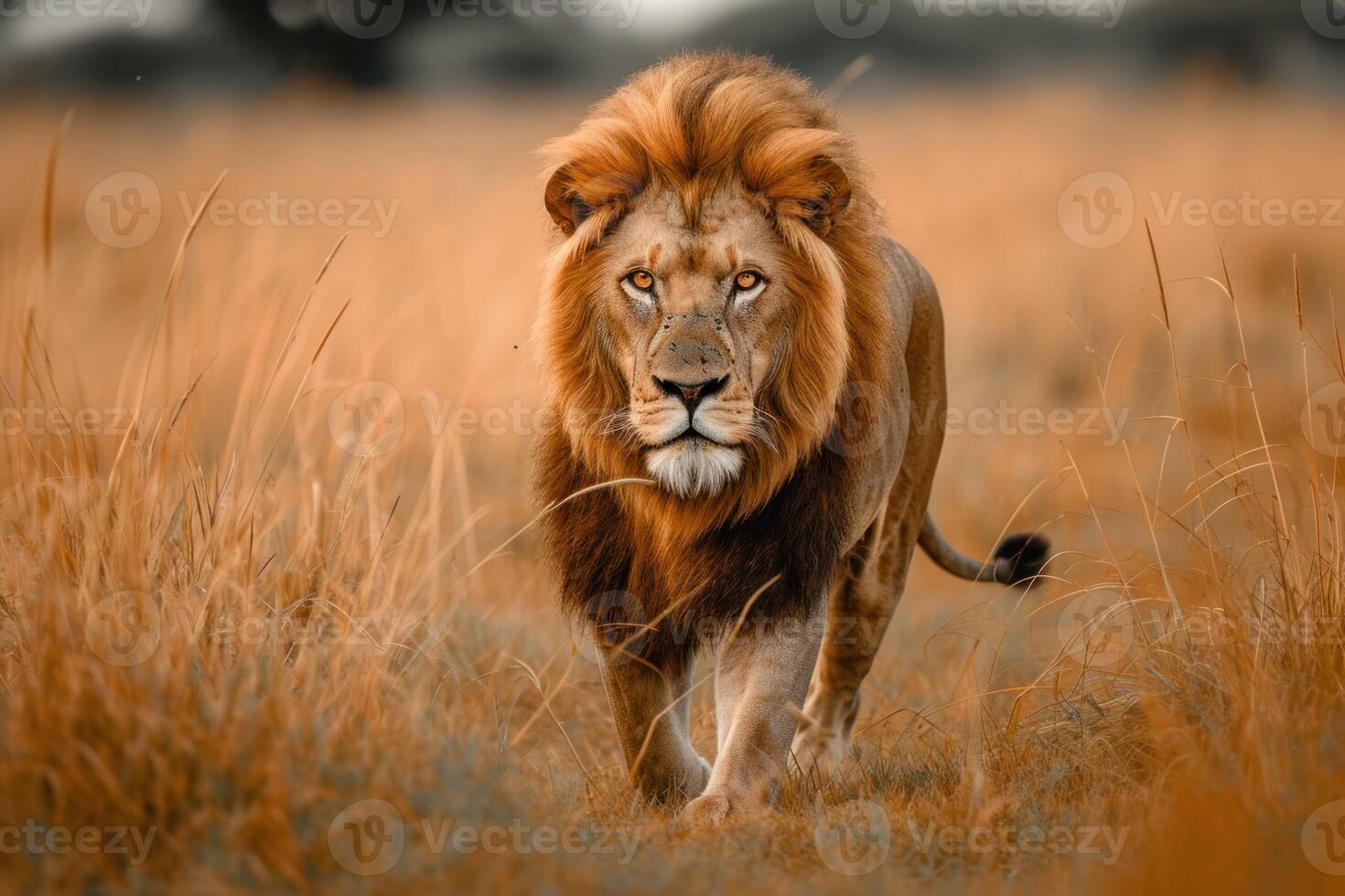 AI generated the lion is walking through the grass photo