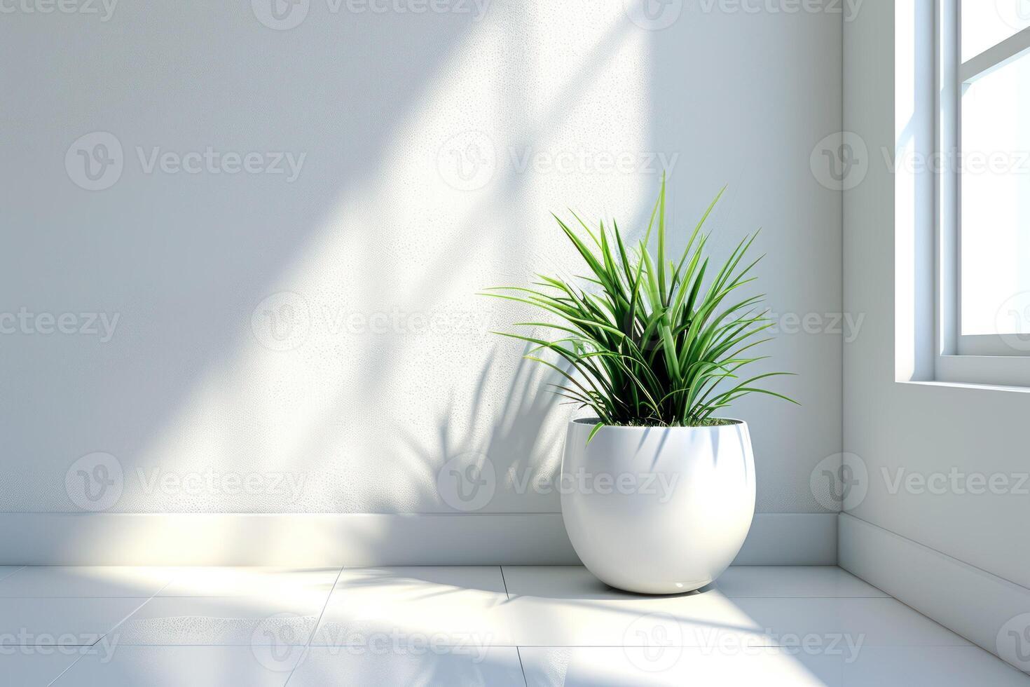 ai generado pequeño flor maceta con casa de césped en blanco piso y ventana foto