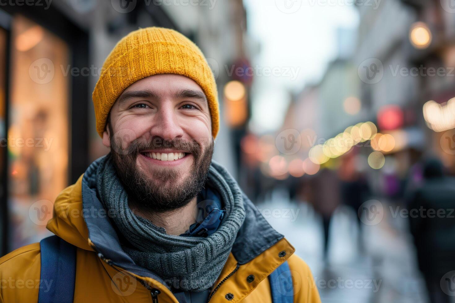 ai generado retrato de hombre sonriente en el ciudad foto