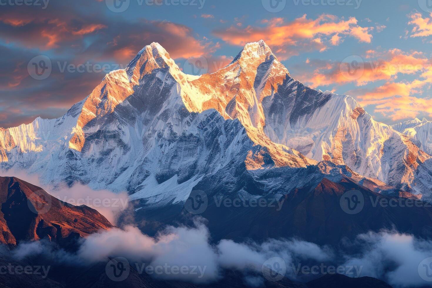 AI generated Explore the majestic allure of snow-capped mountain peaks photo