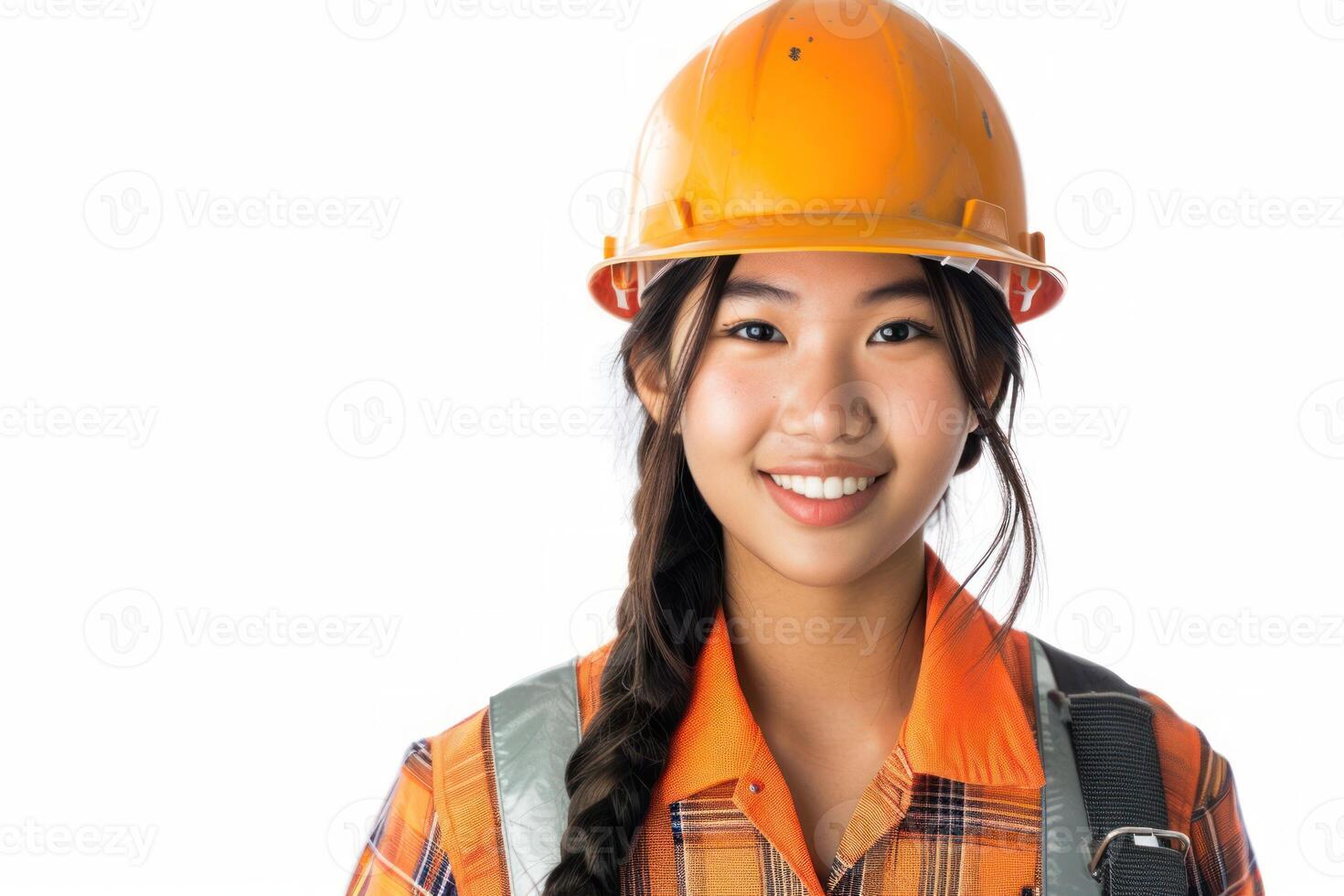 AI generated Asian woman construction worker on a white background smiling photo