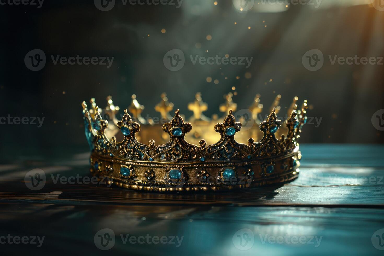 AI generated king's crown on a table with dark shadows and a light coming into it photo