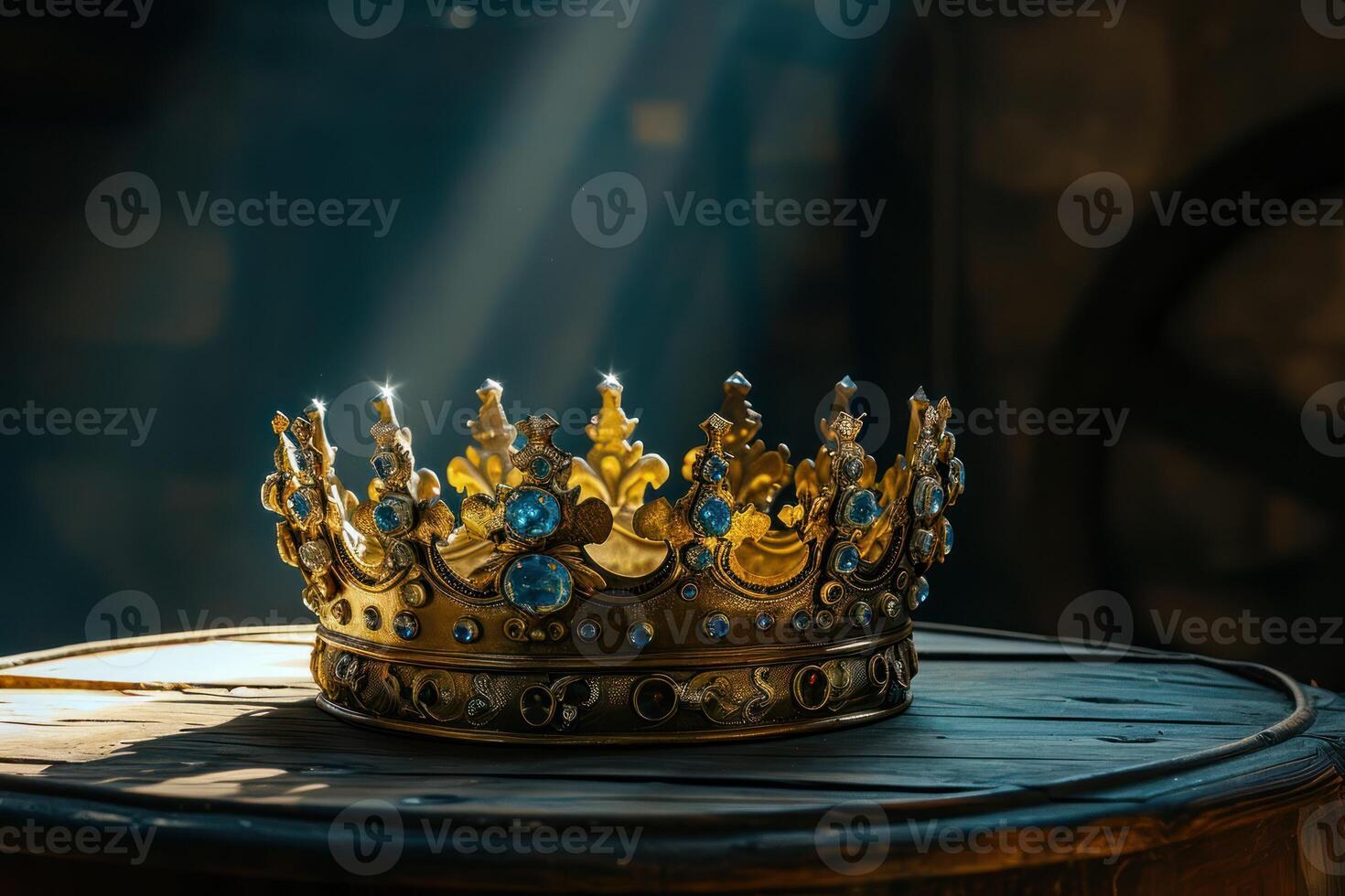 AI generated king's crown on a table with dark shadows and a light coming into it photo