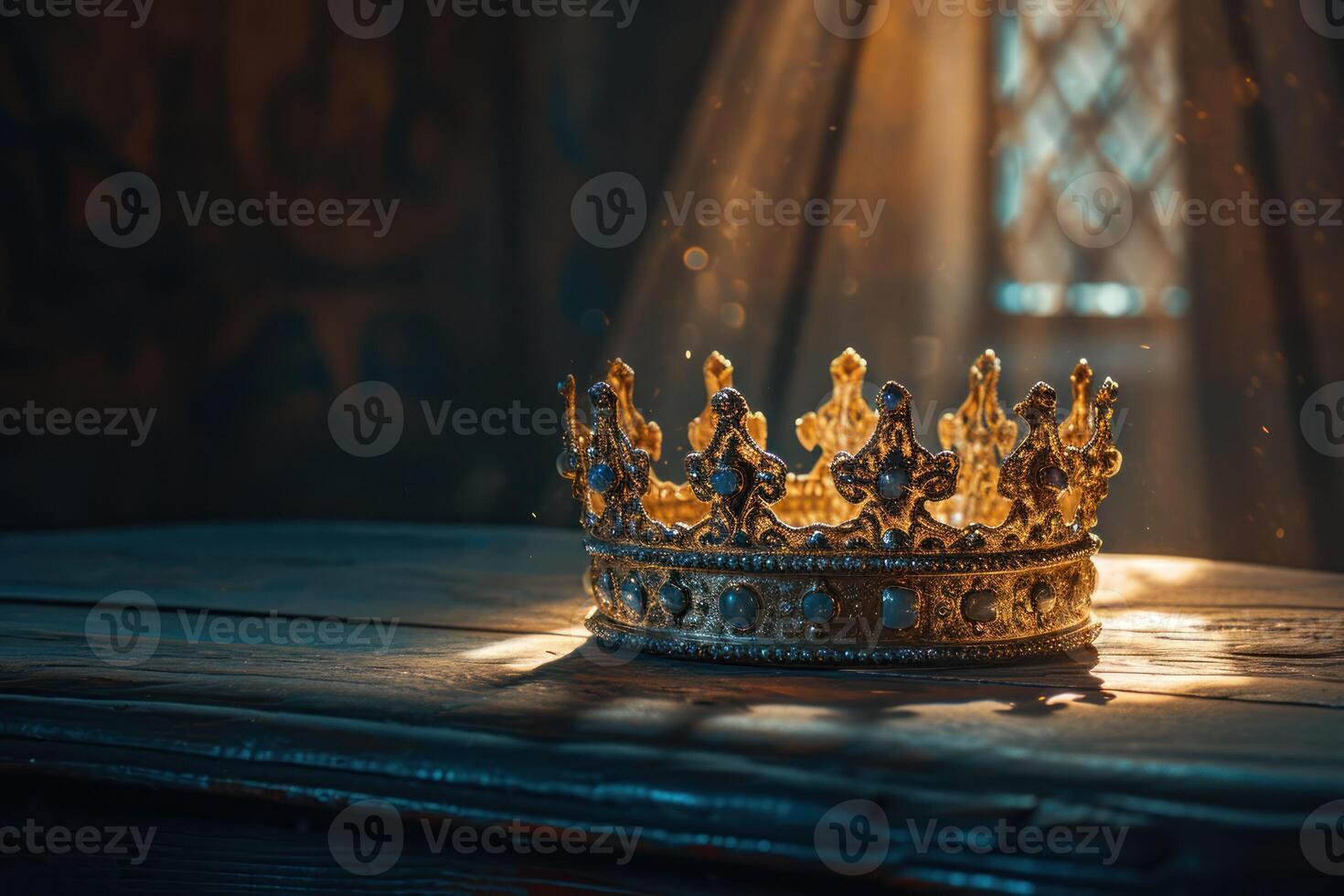 AI generated king's crown on a table with dark shadows and a light coming into it photo