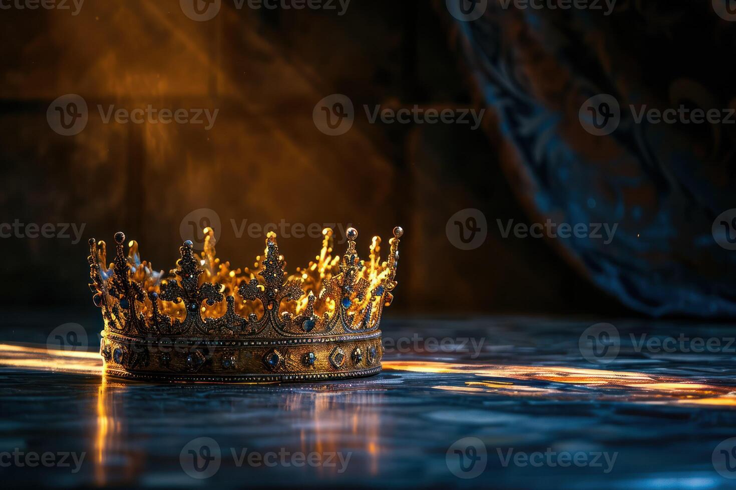 AI generated king's crown on a table with dark shadows and a light coming into it photo