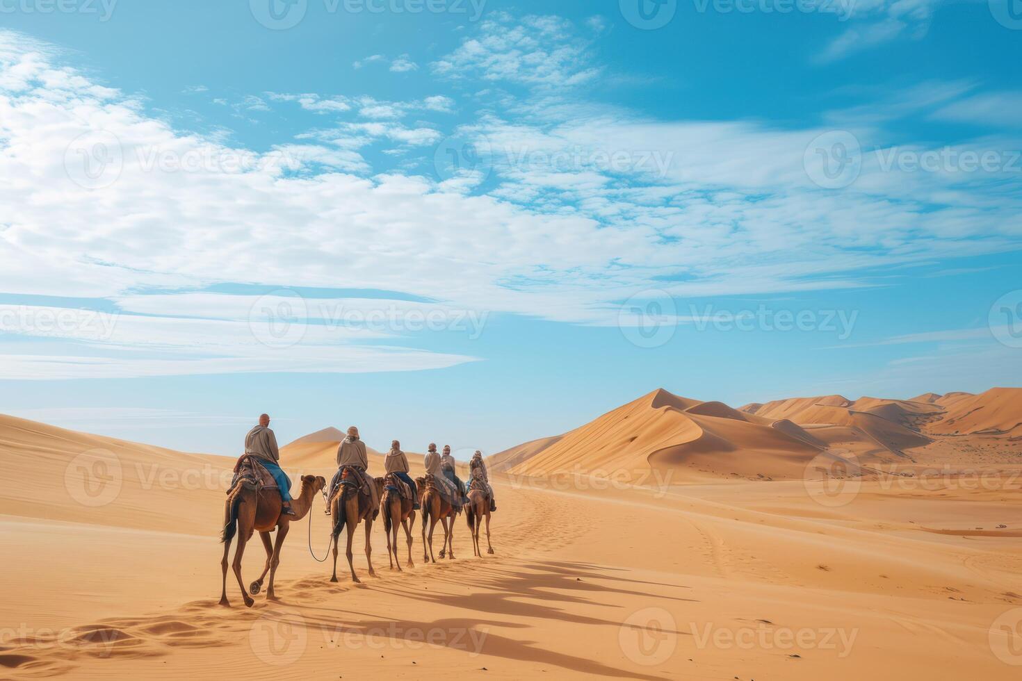 AI generated a people ride camels through the desert photo