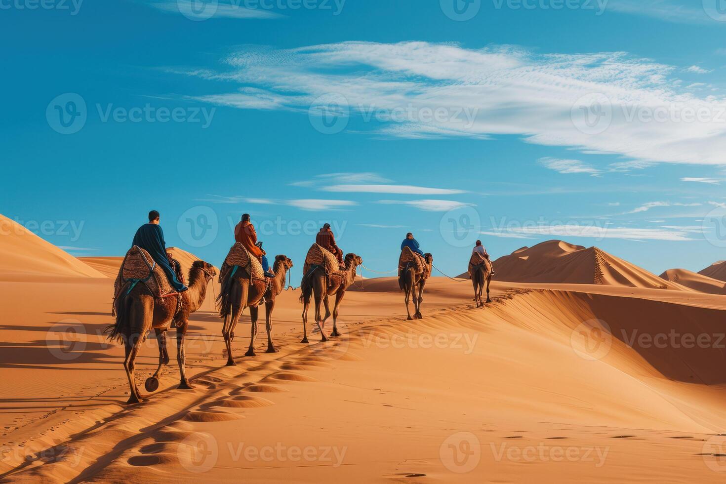 AI generated a people ride camels through the desert photo