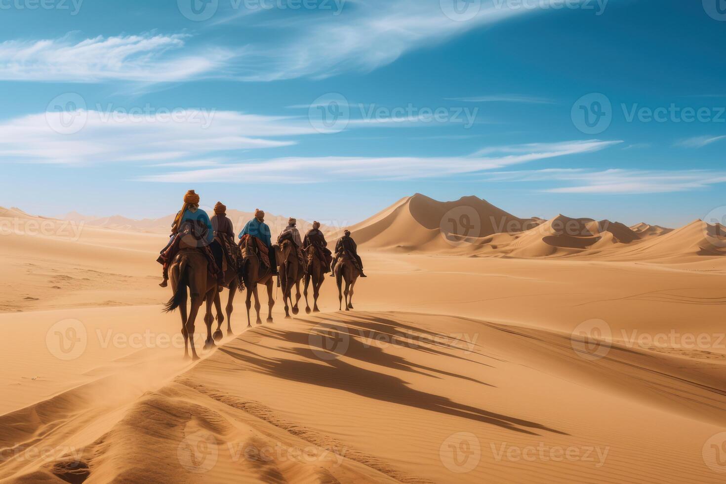 AI generated a people ride camels through the desert photo