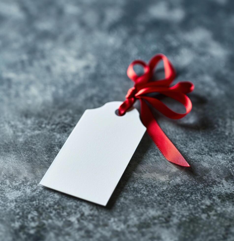 AI generated white tag with red ribbon hanging on grey photo