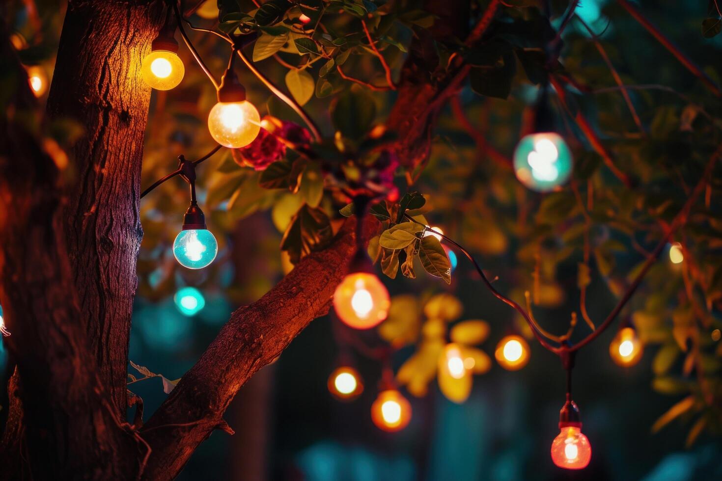 AI generated light bulbs hanging from the tree. photo