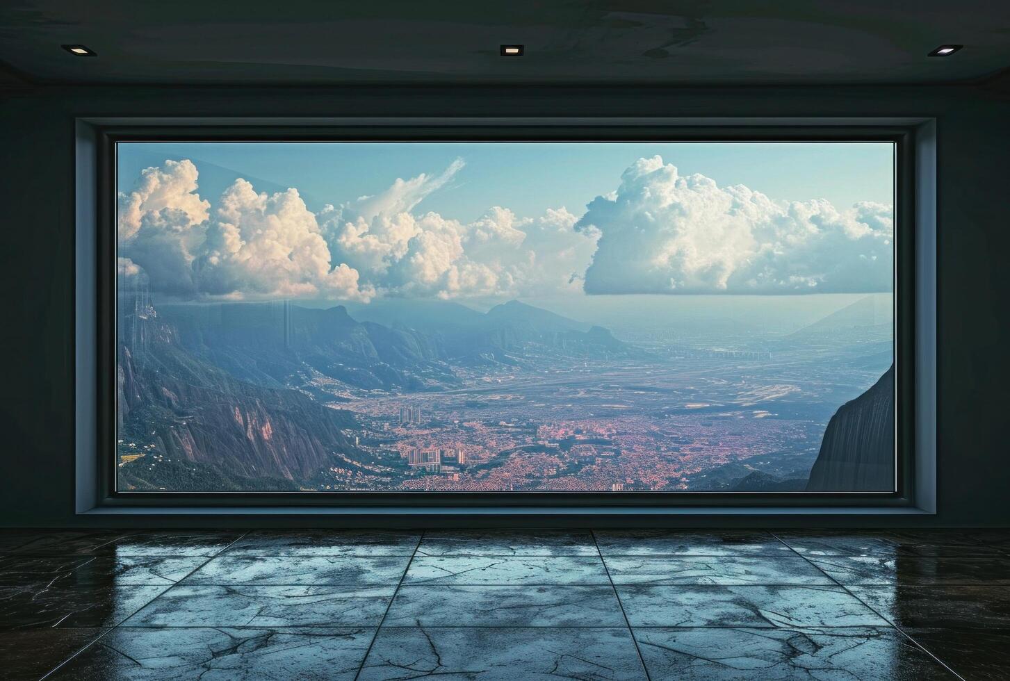 AI generated window in a space with mountains photo